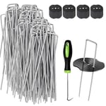 Weed Membrane Pegs,100 Pack Metal 6"/150mm Weed Control Membrane Pegs+100 Pack Buffer Washer 1 Pick Hook Heavy Duty Ground Pegs Weed Fabric Pegs Artificial Grass Pins Garden Pegs Staples for Membrane