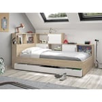 Vente-unique Lit avec rangements et tiroir - 90 x 200 cm - Coloris : naturel et blanc + sommier + matelas - ARMAND