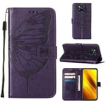 Yhteensopiva Xiaomi Poco X3 Pro läppäkotelon kanssa Butterfly-kohokuvioidulla Pu-nahkaisella kickstand-luottokorttikotelon kannen kanssa - tumman violetti