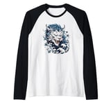 fierce anime blue asian dragon japanese flowers mythical art Raglan Baseball Tee