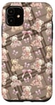 Coque pour iPhone 11 Ours mignon avec des noeuds roses, motif à carreaux marron