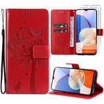 Oududianzi-Coque pour Samsung Galaxy A14 4G / 5G [2X Verre Trempé] Étuis Rabat Folio Protection Housse Cuir PU Portefeuille Silicone [Fermeture Magnétique][Emplacements Cartes][Stand Feature]-Rouge