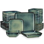 vancasso Dinner Sets, Square Reactive Glaze Crockery Set, 32-Piece Ceramic Plates and Bowls Set with Dinner Plate, Dessert Plate, Bowl and Soup Plate. Vintage Green Look, Service for 8