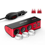 BESTEK Allume Cigare Adaptateur Chargeur de Voiture 12V~24V avec 1 Allume-Cigare Automatique 3 Prises,4 Ports USB,Fonctionnel et Sûr avec Affichage LED Voltmètre et Pieds Antidérapants - Rouge