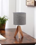 EDISHINE 36cm Wood Bedside Table Lamp, Tripod Desk Lamp with Grey Linen On-Off