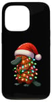 Coque pour iPhone 13 Pro Ornithorynque portant un chapeau de Père Noël, tenant une boîte cadeau de Noël