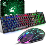 Ensemble Clavier Souris Gaming,QWERTZ DE Layout Clavier Rétroéclairé Coloré LED Filaire Souris 6 Boutons 2400DPI Tapis de Souris,Compatible avec Windows,Mac OS,PS4,Xbox(Adaptateur Requis) Noir