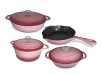 Smith-Style 4 Piece Set Enameled Cast Iron Casserole Dish + Frying Pan Set for Oven with Ceramic & Enamel Coating - 24cm Dish, 28cm Dish, 30cm Dish & 26cm Non-Stick Pan - Rose Pink