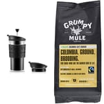 BODUM K11102-01 Travel Press Set Coffee Maker with Extra Lid, Black & Grumpy Mule Organic Colombia Café Equidad Ground Coffee with tastes of Hazelnut, Caramel & a hint of Red Fruits 227 g