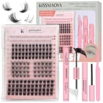 Individual Lashes Kit, Mix10-16mm DIY Eyelash Extension 136 Wide Stem Clusters & 22 Invisible Band No-Glue Lower Lashes & Lash Bond and Seal & Lash Remover & Tweezers (3+1 NG Pro Kit, Mixed 10-16mm)