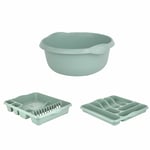 32cm Round Bowl, Large Dish Drainer & Large Cutlery Tray Silver Sage Kitchen Set