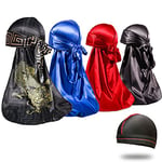 4PCS Silky Durags for Men 360 Waves, Designer Do Rag, Award 1 Wave Cap, Dragan Blue Black Red, M