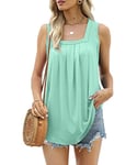 Aokosor Ladies Tops Summer Vests Women Square Neck Sleeveless Pleated Tank Top Lake Green Size 14-16