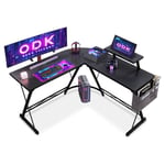 ODK Bureau Gaming avec Support pour Moniteur, Bureau d'angle Gaming en L pour Gamer Noir Carbone 127x127cm