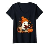 Womens Cute Ghost Reading Book Lovers Halloween Ghost Coffee Cozy V-Neck T-Shirt