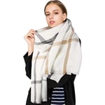 Superora Echarpe Ch⬥ ࠃarreaux Plaid Grand Chaud El駡nt Femme Automne Hiver 200 * 70cm,Taille unique,Blanc