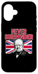 Coque pour iPhone 16 Winston Churchill Never Surrender avec drapeau Union Jack