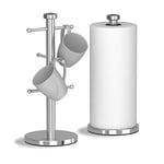 Morphy Richards 974028 Accents Kitchen Roll Holder and Mug Tree Set, Stainless Steel, Silver, 15 x 15 x 34.5 cm