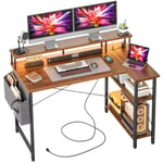 BEXEVUE Bureau d'angle avec LED Prise de Courant - 120x70 cm Grand Table Ordinateur Forme L, Etagères Rangements, Bureau Informatique Angle Réversible pour Etudier Travailler Chambre Domicile