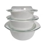 3Pcs Casserole Plain White Opal Serving Dish Set Boxed Home With Glass Lid