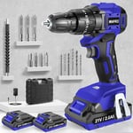 MHPRO Perceuse Visseuse Sans Fil 21V, Brushless Visseuse Devisseuse avec 2 Batteries 2.0Ah, 45N.m Percussion, 20+3 Réglages de Couple, 14 Accessoires, 2 Vitesses, pour la Bricolage