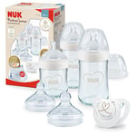 NUK Nature Sense Starter Set Biberons en verre - 0-18 mois - Tétine en silicone imitant le sein - 3 biberons anti-coliques, 3 tétines pour biberon et 1 sucette - Sans BPA - Lot de 7 pièces