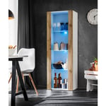 Vitrine Armoire Tivoli, Blanc/Wotan, Largeur 55cm x Hauteur 159cm x Profondeur 35cm, led Blu, 3 étagères, pour Salon, Chambre, Entrée - Komodee