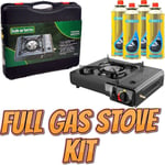 Portable Single Gas Burner Hob Camping Gas Stove Cooker + 4 Gas Refills Bottles