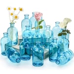 YOUEON Lot de 16 vases à bourgeons en Verre Bleu, 250 ML, Petits vases en Verre pour Fleurs, Bouteilles décoratives en Verre, vases à Fleurs Vintage pour Centre de Table, réception de Mariage,