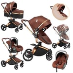 Sianldcone Cuir PU Poussette 3 en 1, 360° Siège Pivotant Poussette Bebe, Poussoir Bidirectionnel Poussette Avec Cosy, Vision Buverte Poussettes Combinées (906 Brown)