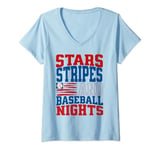 Womens Stars Stripes Baseball Nights American Patriotic V-Neck T-Shirt
