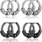 4 Par 14mm Herrar Örhängen Hoop Vintage Huggie Örhängen Set Titanstål Hip Hop Örhängen Punk Rock Estetiska Örhängen Snygga, Svart, Silver