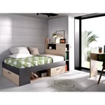 Vente-unique Lit avec tête de lit rangements et tiroir - 90 x 190 cm - Anthracite et naturel + matelas + sommier - LEANDRE