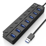 Hub med 7 USB 3.0-utganger, 5 Gbps og individuelle av/på-knapper