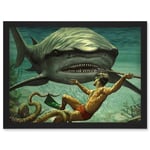 Painting Shark Attack Octopus Diver Spear Adventure Underwater Artwork Framed Wall Art Print A4