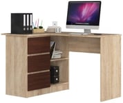 Bureau AKORD d'angle gauche B16 Chêne Sonoma 124 cm 3 tiroirs façade Wengé 2 étagères 124x85x77 cm