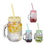 Relaxdays Jarres avec Paille et Couvercle, en Lot de 4, Volume : 500 ML, Design rétro, Verre avec Anse, Multicolore