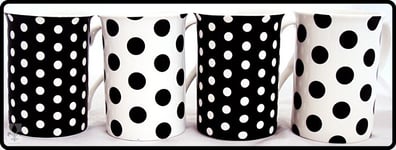 Black Dots & Spots Mugs Set of 4 Bone China Black Mugs Hand Decorated in UK