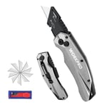 WORKPRO Cutter Professionnel Pliant, Cutter Utilitaire avec Mécanisme de Changement Rapide, Cutter Argenté avec 10 Lames SK5 Supplémentaires, Idéal pour Coupe