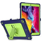 Étui de Tablette pour iPad 10,2" génération 7/8/9 (2019/2020/2021) en Silicone avec Levier latéral et bandoulière, Bleu Marine + Jaune Vert