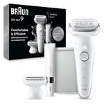 Braun Silk-épil 9, Epilator with Pivoting Head for Easy Hair Removal, Wet & Dry, Lasting Smooth Skin, with Lady Shaver Head & Trimmer Comb, 9-441, White/Silver