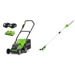 Greenworks Lawn Mower, 2x24V Mower 36 cm Cutting Width with 40L Grass Catche and 5-Fold Central Cutting Height Adjustment up to 250 m² +2x4Ah Battery + Dual Slot Charger+Telescopic Hedge Trimmer tool