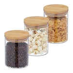 Relaxdays Jars in Set of Three, 650ml Each, Bamboo Airtight Lids, Dry Food Storage, Glass, Transparent/Brown, Set of 3