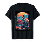 Squirrel on Scooter with Mountain Sunset Retro Adventure T-Shirt