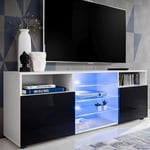 Meuble TV Urbino Komodee - LED bleues - Noir Brillant et Blanc - Facades en Brillant - 140 x 53 x 35 cm