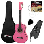 Tiger Left Handed 1/2 Size Pink Kids Classical Guitar Package