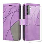 jrester Coque pour Samsung Galaxy A15 5G, Couleur Combinaison (Violet et Gris) Modèle PU Cuir à Rabat Flip Housse Étui avec Un Verre Trempé Film Protection Écran pour Samsung Galaxy A15 5G