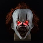 Läskig clownmask för Pennywise It Cosplay, LED-upplyst skräckmask med hår, Halloween latex vuxen