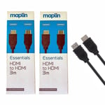 2 x Maplin Essential 3 Meter HDMI 1.4 Specification Compliant Cable