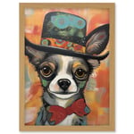 Chihuahua Dog Top Hat and Bowtie Modern Folk Art Artwork Framed Wall Art Print A4